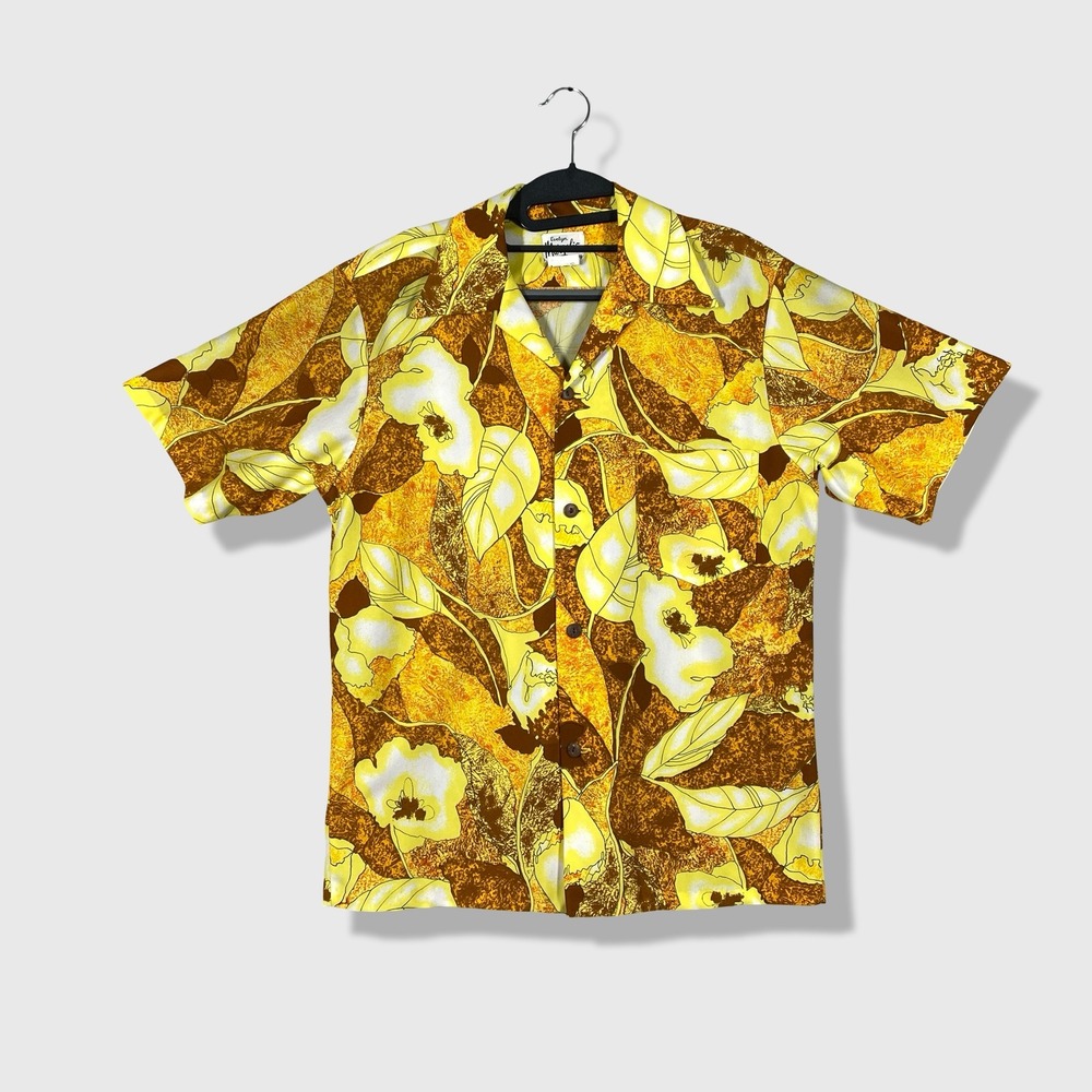 Evelyn Margolis Hawaii Button Up Shirt Mens M Yellow Floral Vintage 70s Aloha